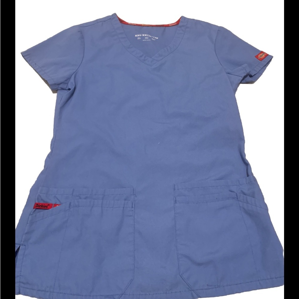 Dickies Scrub Top Blue 5 Pockets V Neck Size XXS